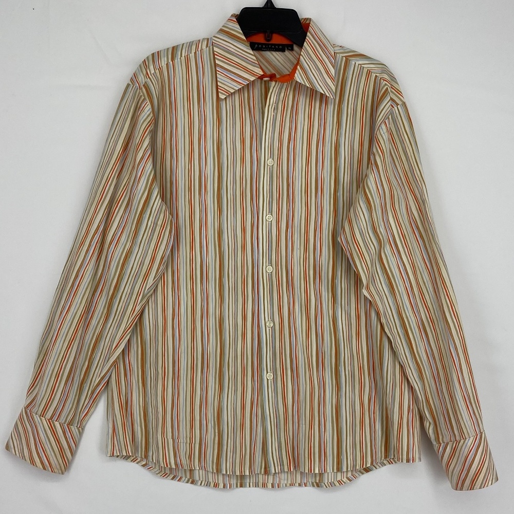 Positano Mens Size XL Long Sleeve Button Front Shirt Orange Blue Tan Stripes USA
